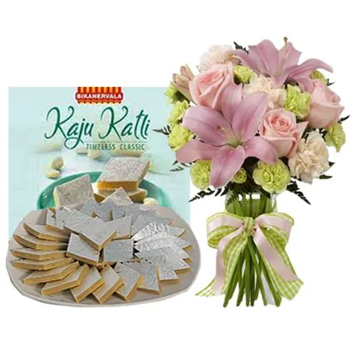 Kaju Katli from Bikanervalas with Mixed Flower Bouquet