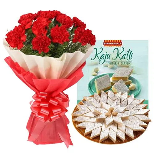 Kaju Katli from Bikanervalas with Red Carnation Bouquet	