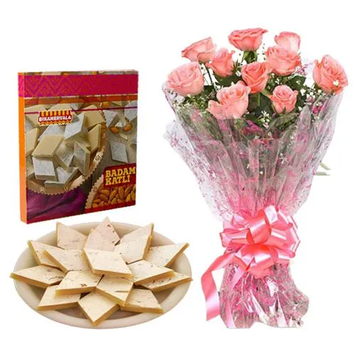 Bikanervalas Badam Katli with Pink Rose Bouquet	