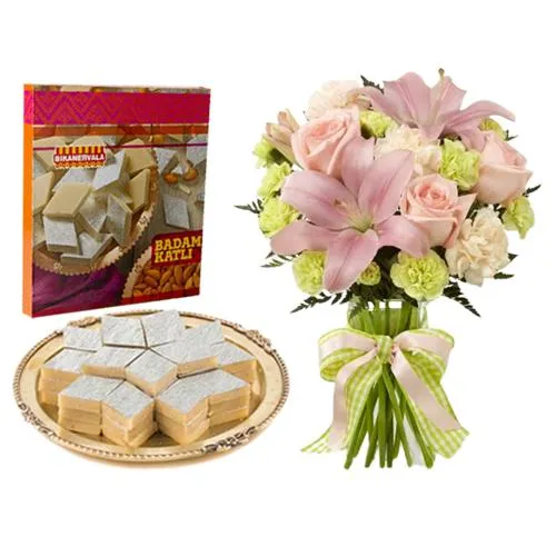 Badam Katli from Bikanervalas with Mixed Flowers Bouquet	