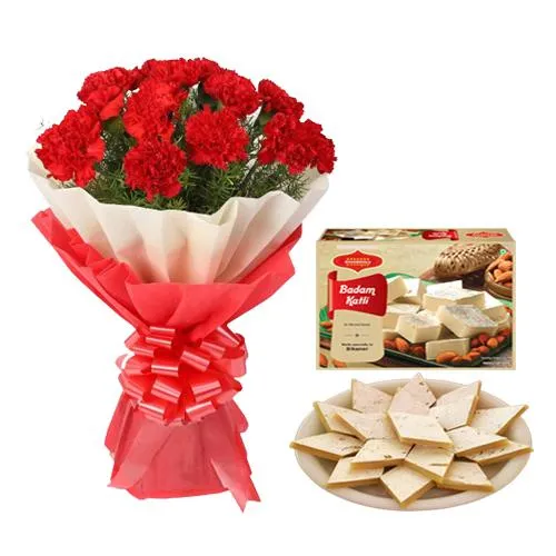 Badam Katli from Bikanervalas with Red Carnation Bouquet