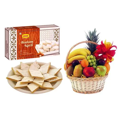 Badam Katli (500 Gms) from Bikanervalas with Fruit Basket