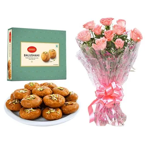 Balushahi from Bikanervalas with Pink Rose Bouquet