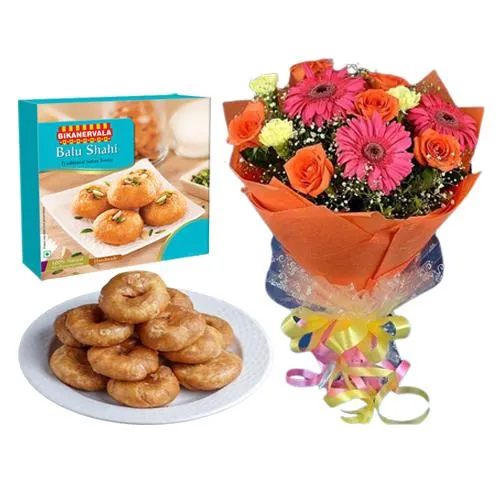 Balushahi from Bikanervalas with Seasonal Flower Bouquet