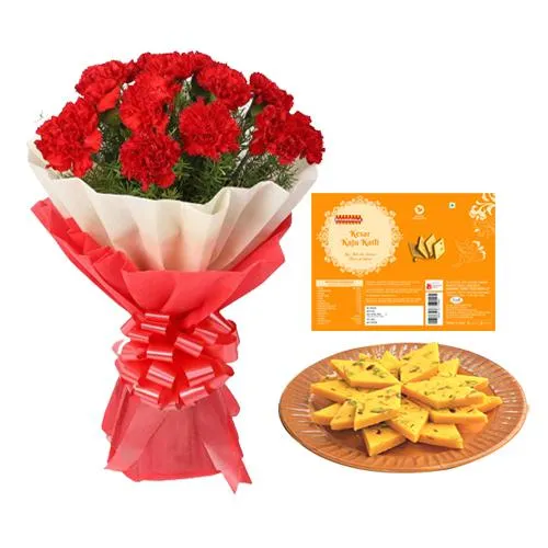Bikanervalas Kaju Kesar Katli with Red Carnation Bouquet