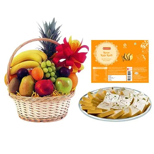 Bikanervalas Kaju Kesar Katli with Fresh Fruit Basket