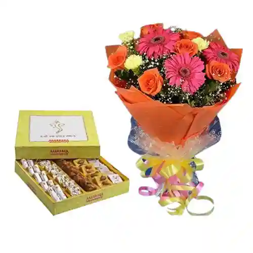 Golden Star Mix Mithai from Bikanerwala with Seasonal Flower Bouquet