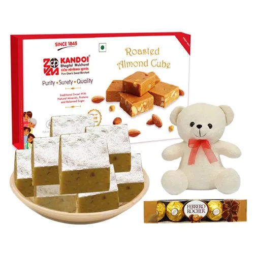 Roasted Almond Cube from Kandoi Bhogilal Mulchand with Teddy N Ferrero Rocher