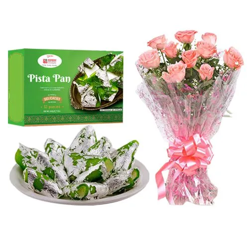 Pista Pan from Kandoi Bhogilal Mulchand with Pink Rose Bouquet
