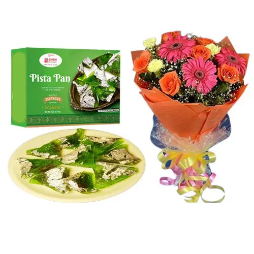 Pista Pan from Kandoi Bhogilal Mulchand with Seasonal Flower Bouquet