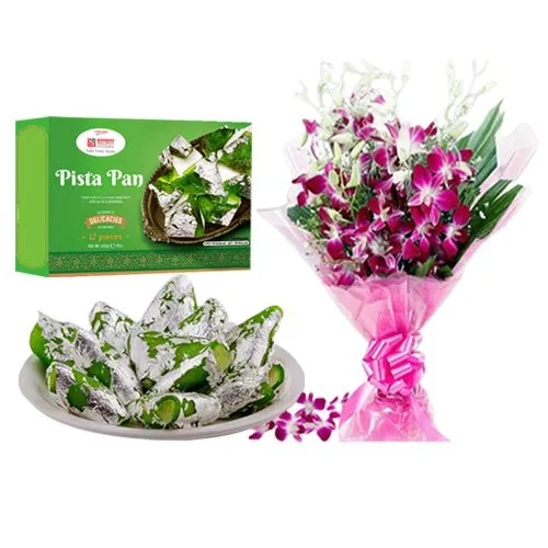 Pista Pan from Kandoi Bhogilal Mulchand with Orchid Bouquet