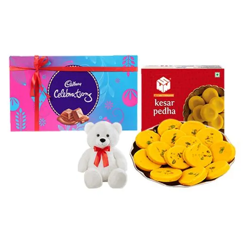 Kesar Mewa Peda from Mohanlals Mithaiwala with a Teddy N Cadbury Celebration Chocolate Pack