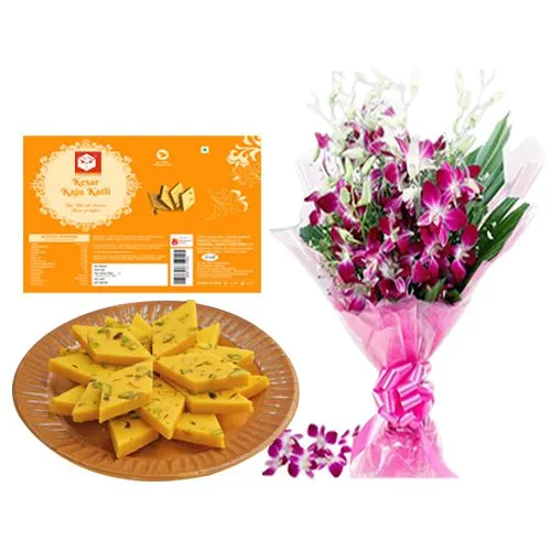 Kesar Kaju Katli from Mohanlals Mithaiwala with Orchid Bouquet