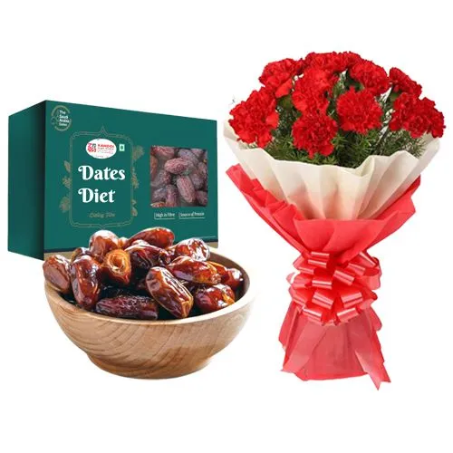 Diet Dates from Kandoi Bhogilal Mulchand with Red Carnation Bouquet