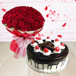 Delicate 50 Red Roses Arrangement with 1/2 Kg Black Forest Cake Delicate 50 Red Roses Arrangement with 1/2 Kg Black Forest Cake