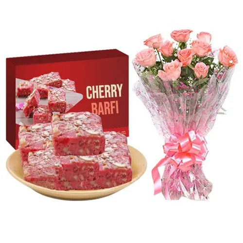 Cherry Barfi from Mohanlals Mithaiwala with Pink Rose Bouquet