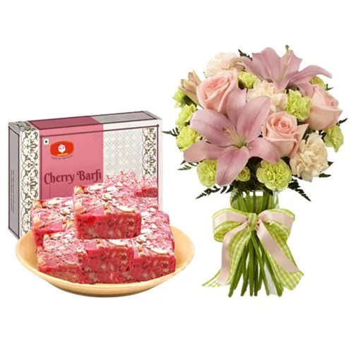 Cherry Barfi from Mohanlals Mithaiwala with Flowers Bouquet