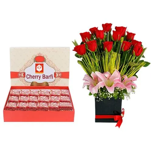 Cherry Barfi from Mohanlals Mithaiwala with Designer Flower Arrangement
