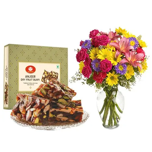 Anjeer Pak from Mohanlals Mithaiwala with a Mixed Flower Arrangement
