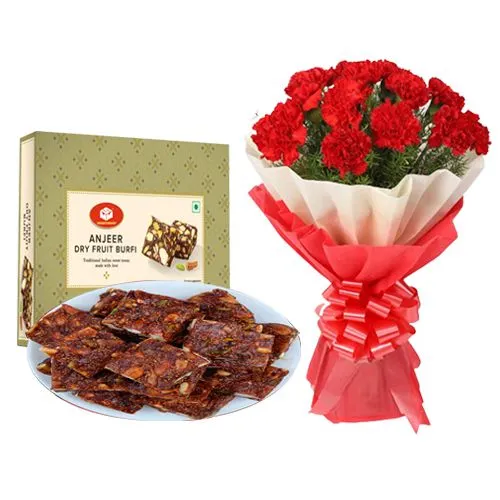 Anjeer Pak from Mohanlals Mithaiwala with Red Carnation Tissue Wrapped Bouquet