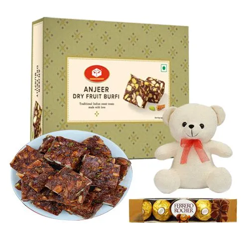 Anjeer Pak from Mohanlals Mithaiwala with a Teddy N Ferrero Rocher Chocolate Pack