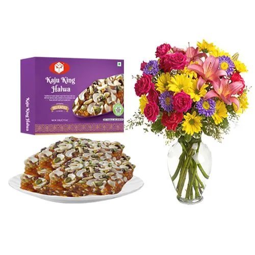 Kaju King Halwa from Mohanlals Mithaiwala with Mixed Flower Arrangement
