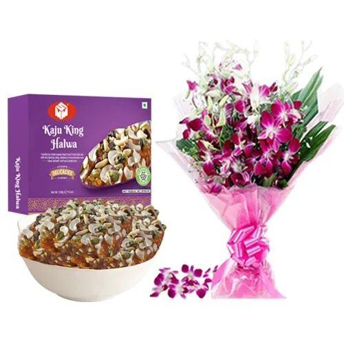 Kaju King Halwa from Mohanlals Mithaiwala with Orchid Bouquet