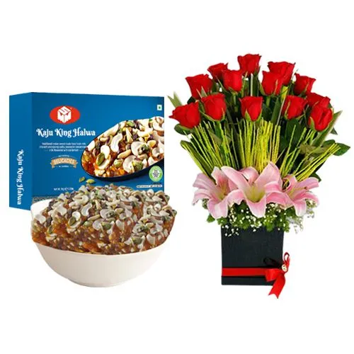 Kaju King Halwa from Mohanlals Mithaiwala with Designer Flower Arrangement