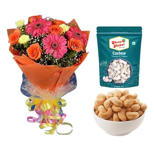 Kaju King from Shree Mithai with Seasonal Flower Bouquet