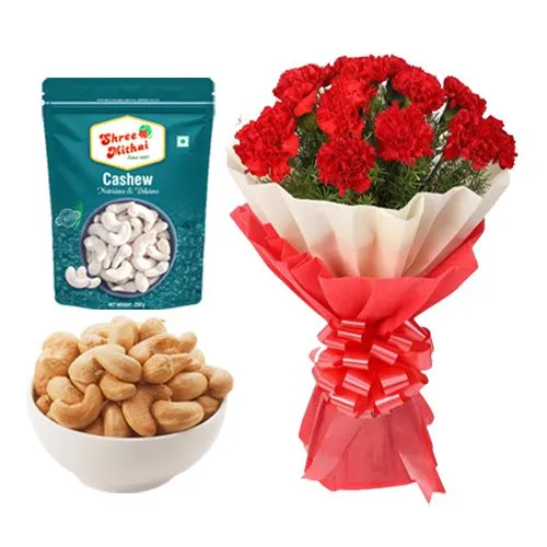 Kaju King from Shree Mithai with Red Carnation Tissue Wrapped Bouquet