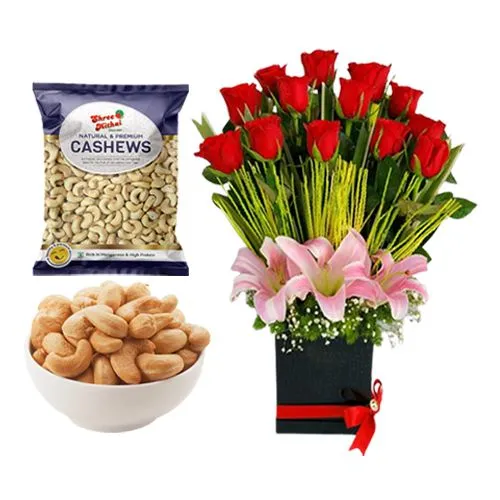 Kaju King from Shree Mithai with a Designer Flower Arrangement