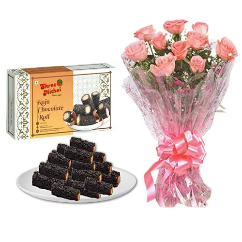 Kaju Choco Roll from Shree Mithai with Pink Rose Bouquet