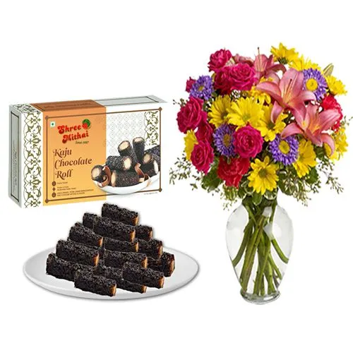 Kaju Choco Roll from Shree Mithai with Mixed Flower Arrangement