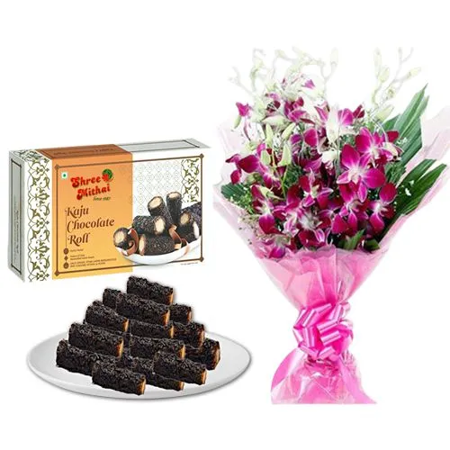 Kaju Choco Roll from Shree Mithai with Orchid Bouquet