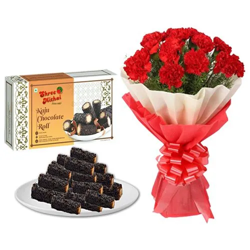 Kaju Choco Roll from Shree Mithai with Red Carnation Tissue Wrapped Bouquet