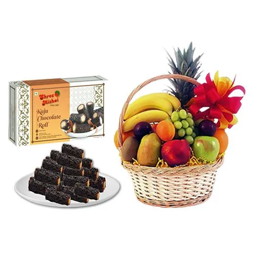 Kaju Choco Roll from Shree Mithai with Fresh Fruit Basket