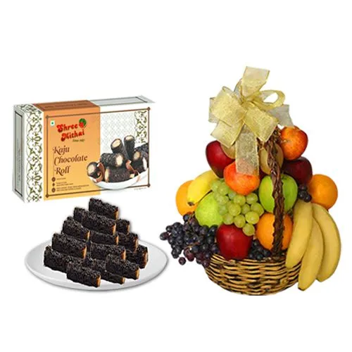 Kaju Choco Roll from Shree Mithai with Fresh Fruit Basket
