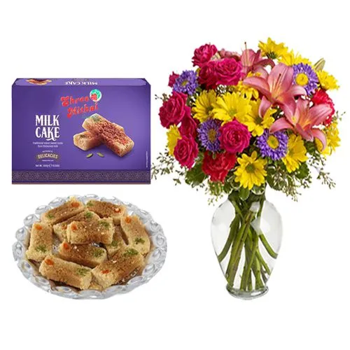 Milk Cake from Shree Mithai with Mixed Flower Arrangement