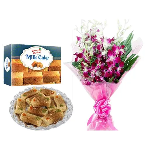 Milk Cake from Shree Mithai with Orchid Bouquet