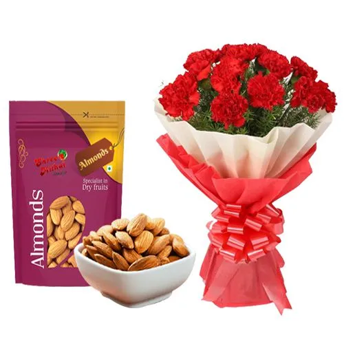 Royal Almond Treat from Shree Mithai with Red Carnation Tissue Wrapped Bouquet