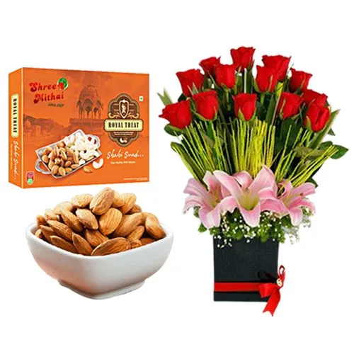 Royal Almond Treat from Shree Mithai with Designer Flower Arrangement