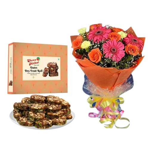 Dry Fruit Dates Roll from Shree Mithai with Seasonal Flower Bouquet