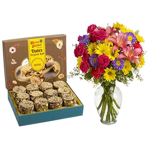 Dry Fruit Dates Roll from Shree Mithai with Mixed Flower Arrangement