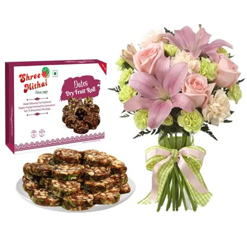 Dry Fruit Dates Roll from Shree Mithai with Flowers Bouquet