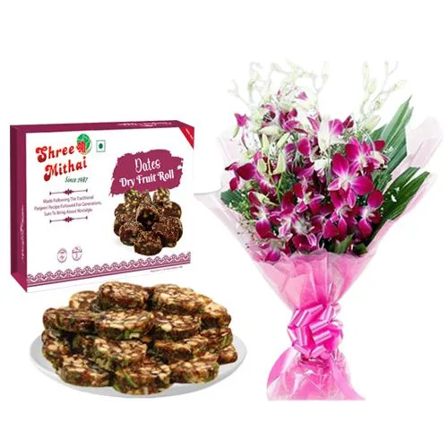 Dry Fruit Dates Roll from Shree Mithai with Orchid Bouquet