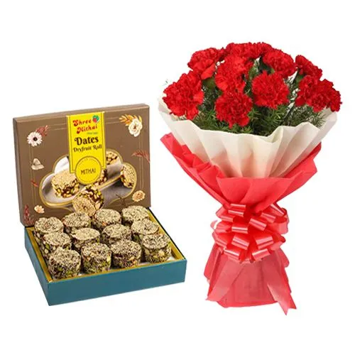 Dry Fruit Dates Roll from Shree Mithai with Red Carnation Tissue Wrapped Bouquet