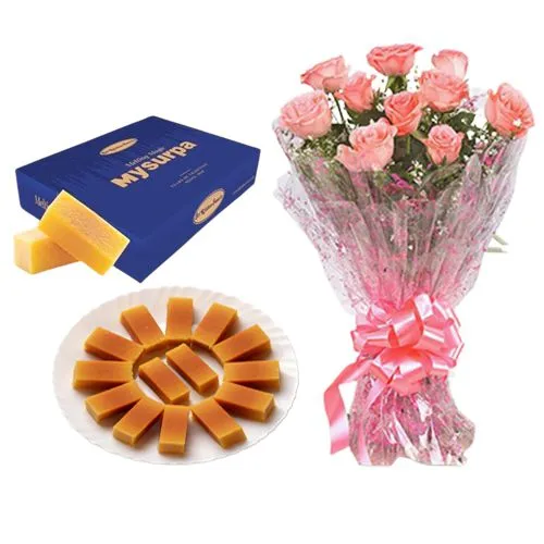 Mysurpa from Sri Krishna Sweets with Pink Rose Bouquet