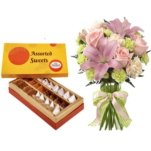 Assorted Sweets from Adyar Ananda Bhawan with Flowers Bouquet