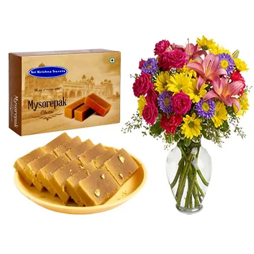 Mysurpa from Sri Krishna Sweets with a Mixed Flower Arrangement