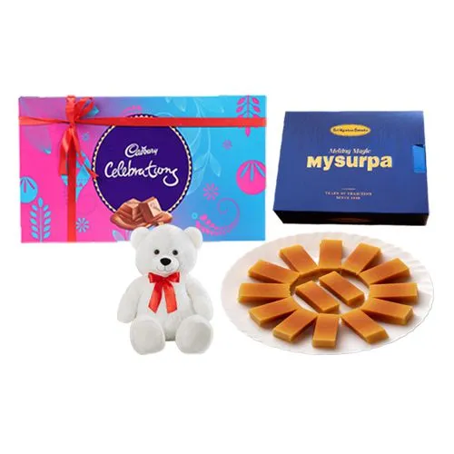 Mysurpa from Sri Krishna Sweets with Teddy  N  Cadbury Celebration Chocolate Pack
